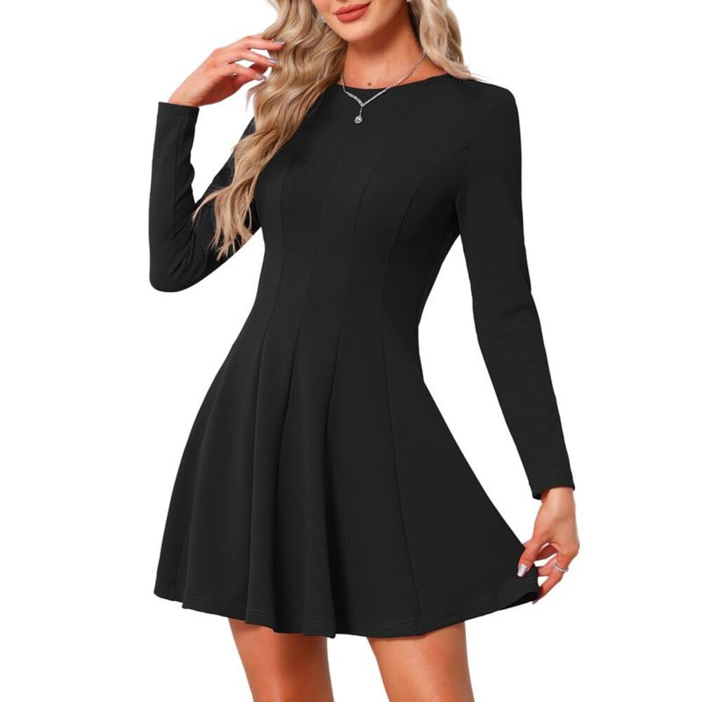 Women Fall High Waist A-Line Pleated Mini Long Sleeve Dress Black